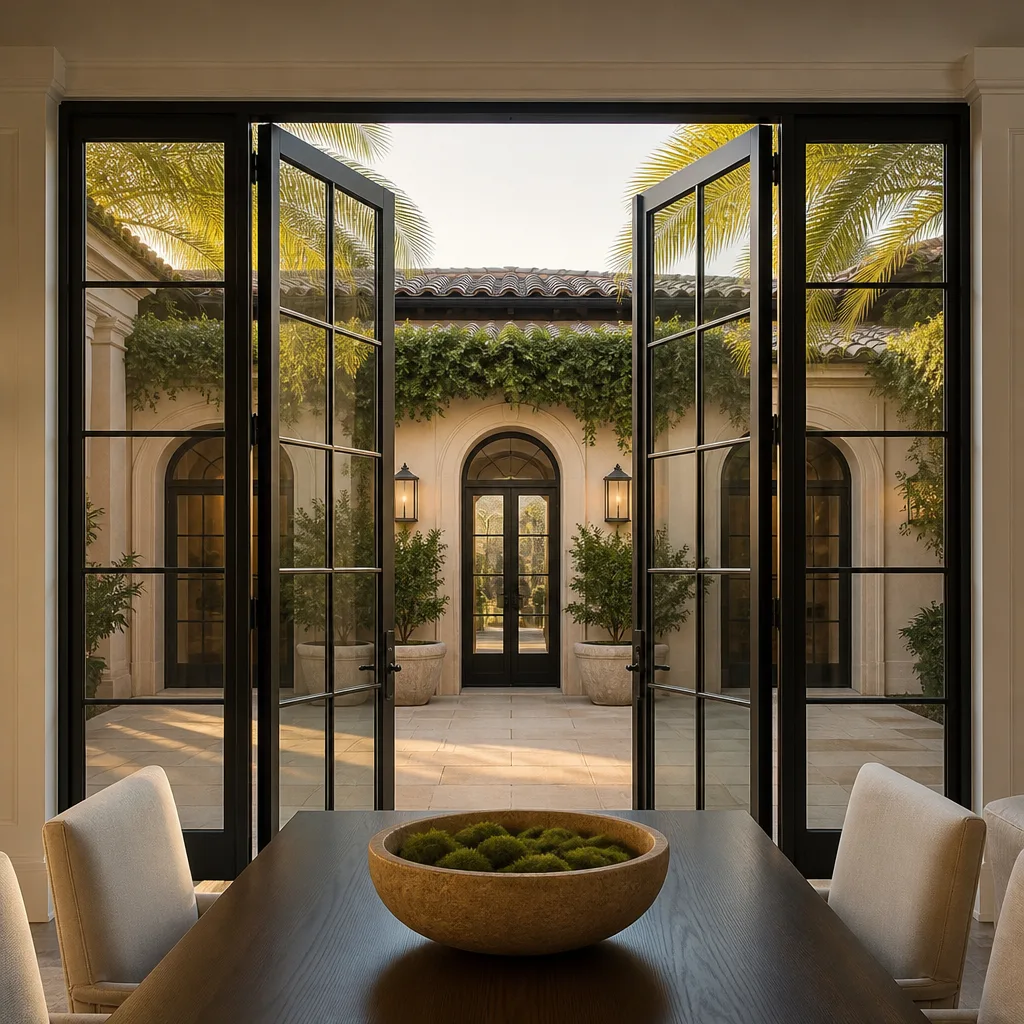 Custom black-framed French door installation opening to a mediterranean courtyard