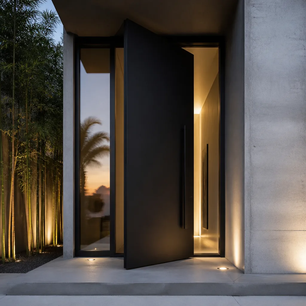 Modern black pivot door installation in a contemporary concrete entryway