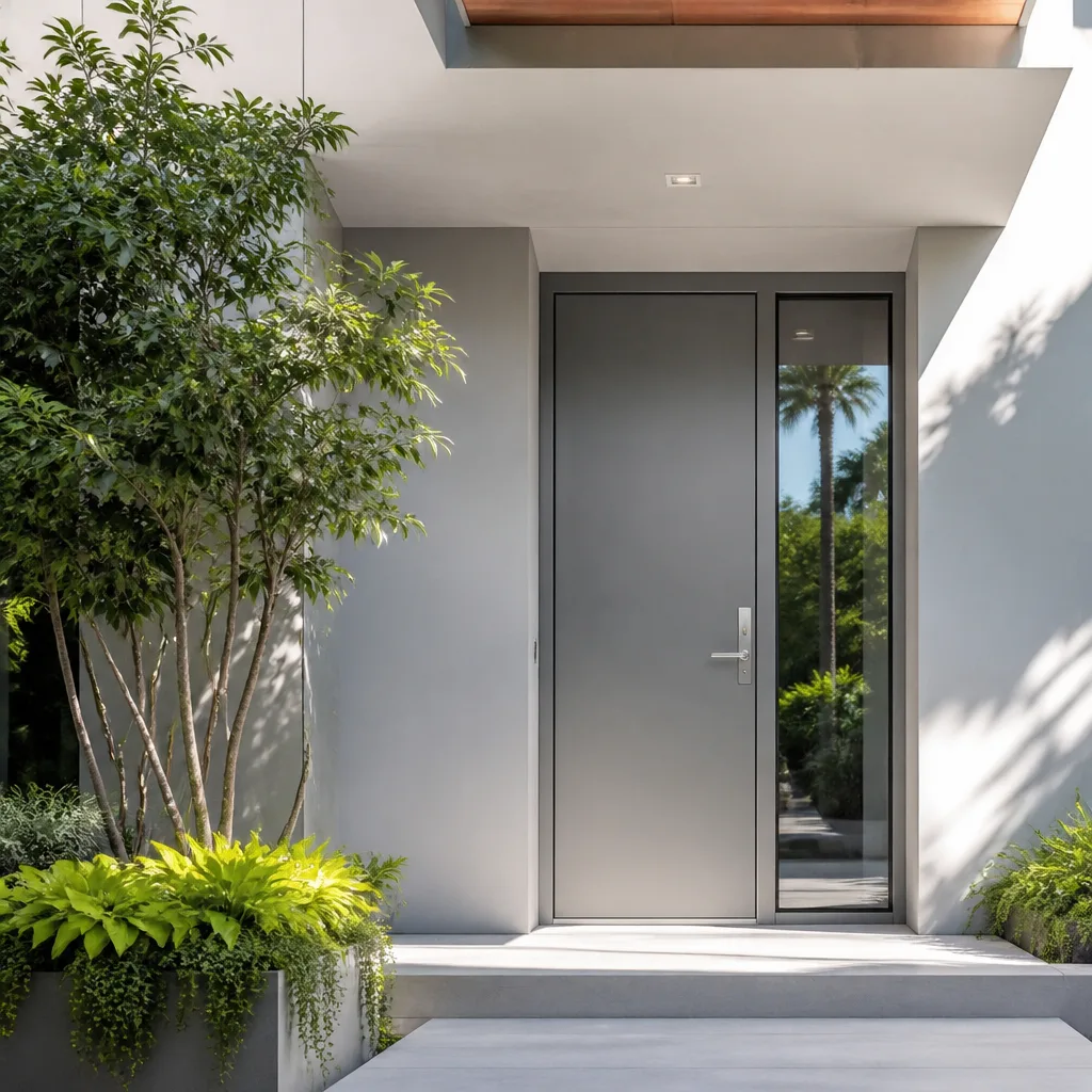 Modern gray residential entry door installation with sidelight