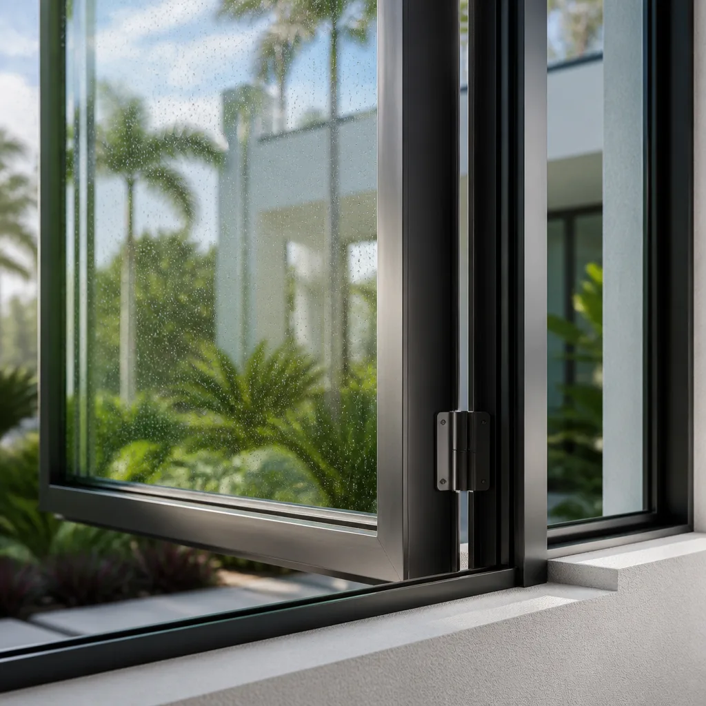 Modern black-framed window installation with sleek hinge detail