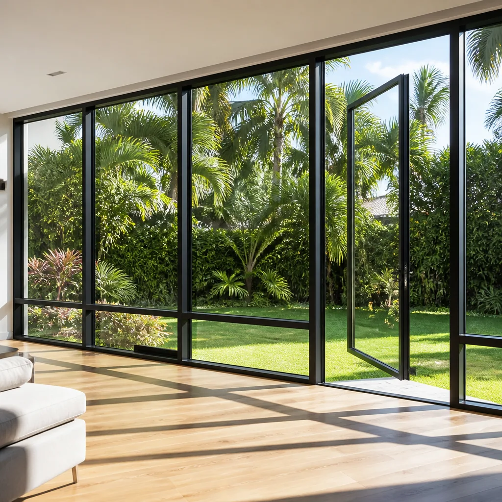 Modern glass window wall installation and swinging patio door in residential home