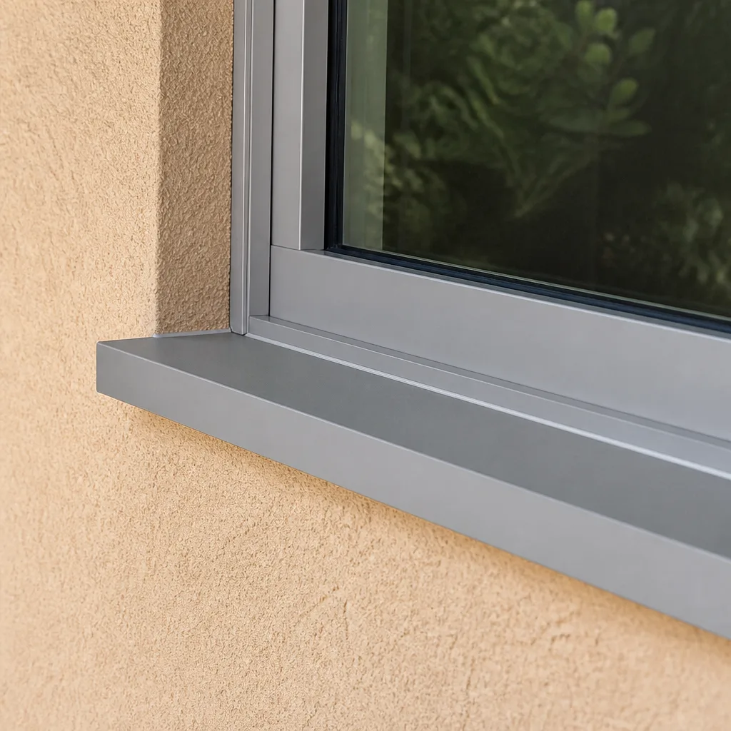 Modern aluminum window frame installed in a textured beige stucco wall
