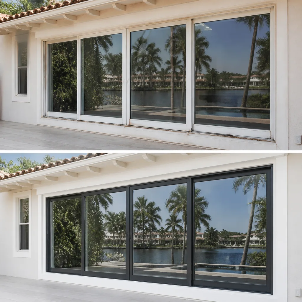 Residential window replacement showing sliding glass door frame upgrade